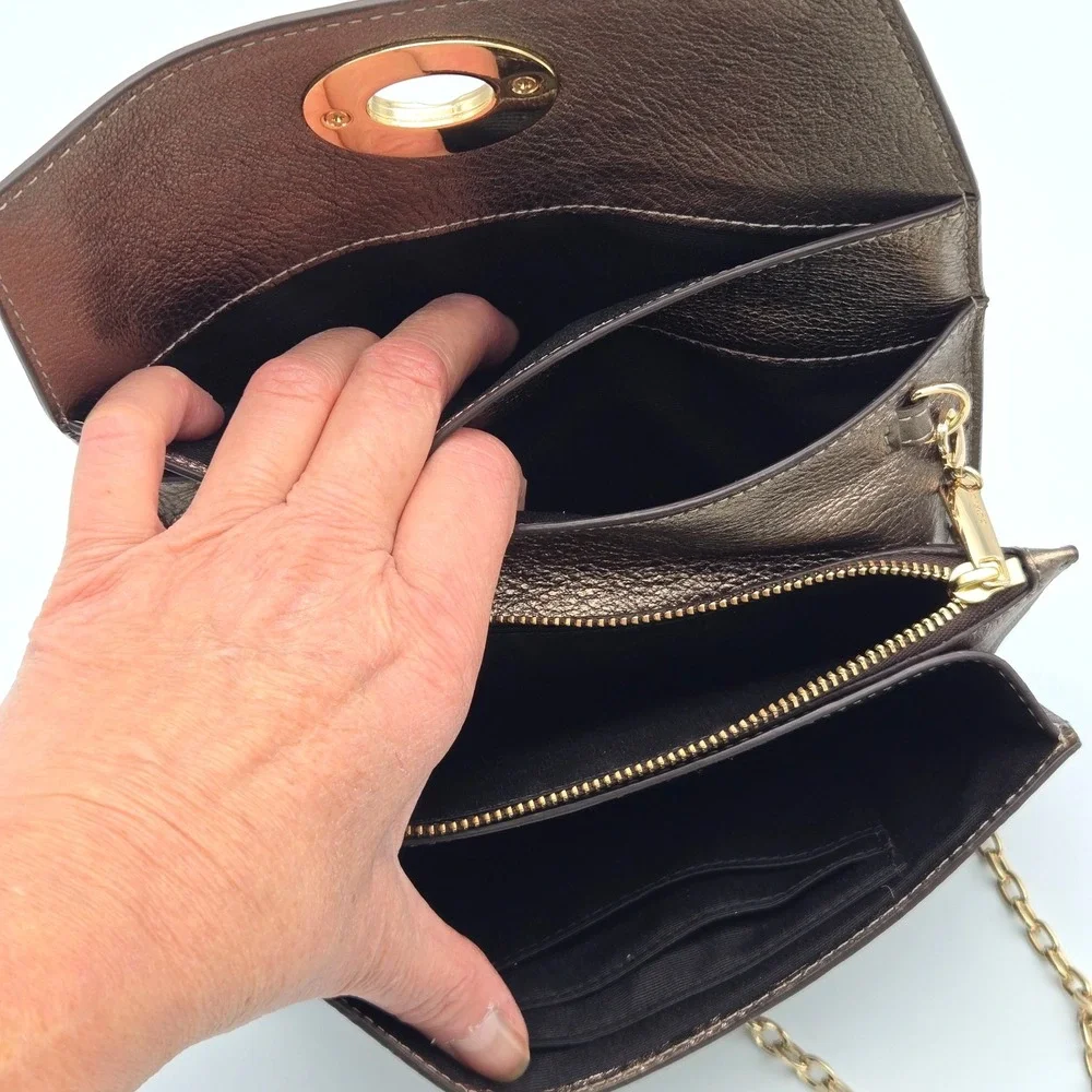 Coach Gold Metallic‎ Leather Clutch Purse Bag Chain Strap Cocktail Party Dressy